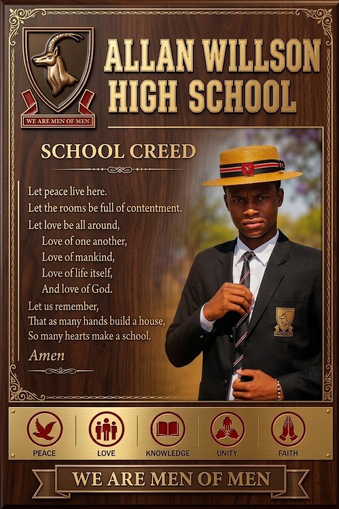 Commemorative plaque of the Allan Wilson High School Creed, bearing the school crest, the motto "We Are Men of Men" and the five pillars: Peace, Love, Knowledge, Unity and Faith